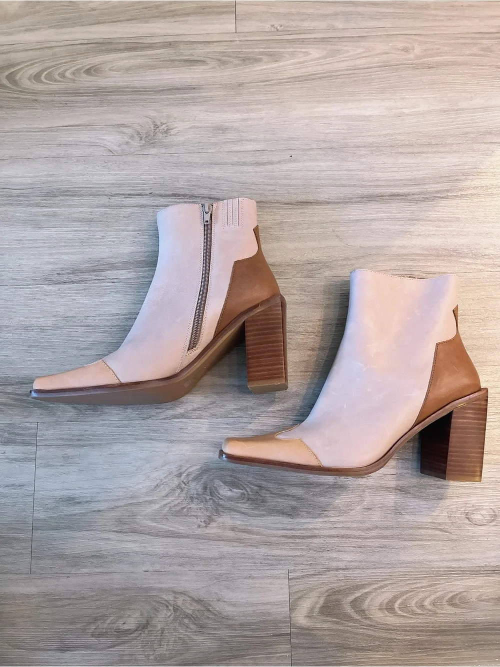 Jeffrey Campbell Snip Square Toe Two-Tone Beige & Tan Ankle Boots Booties Size 7